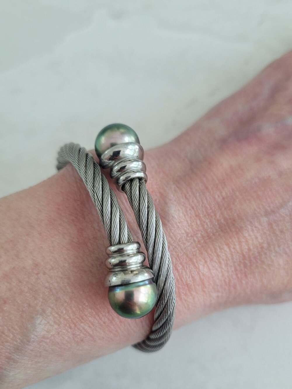 Tahitian Black Pearl Stainless Steel Twisted Cable Bracelet